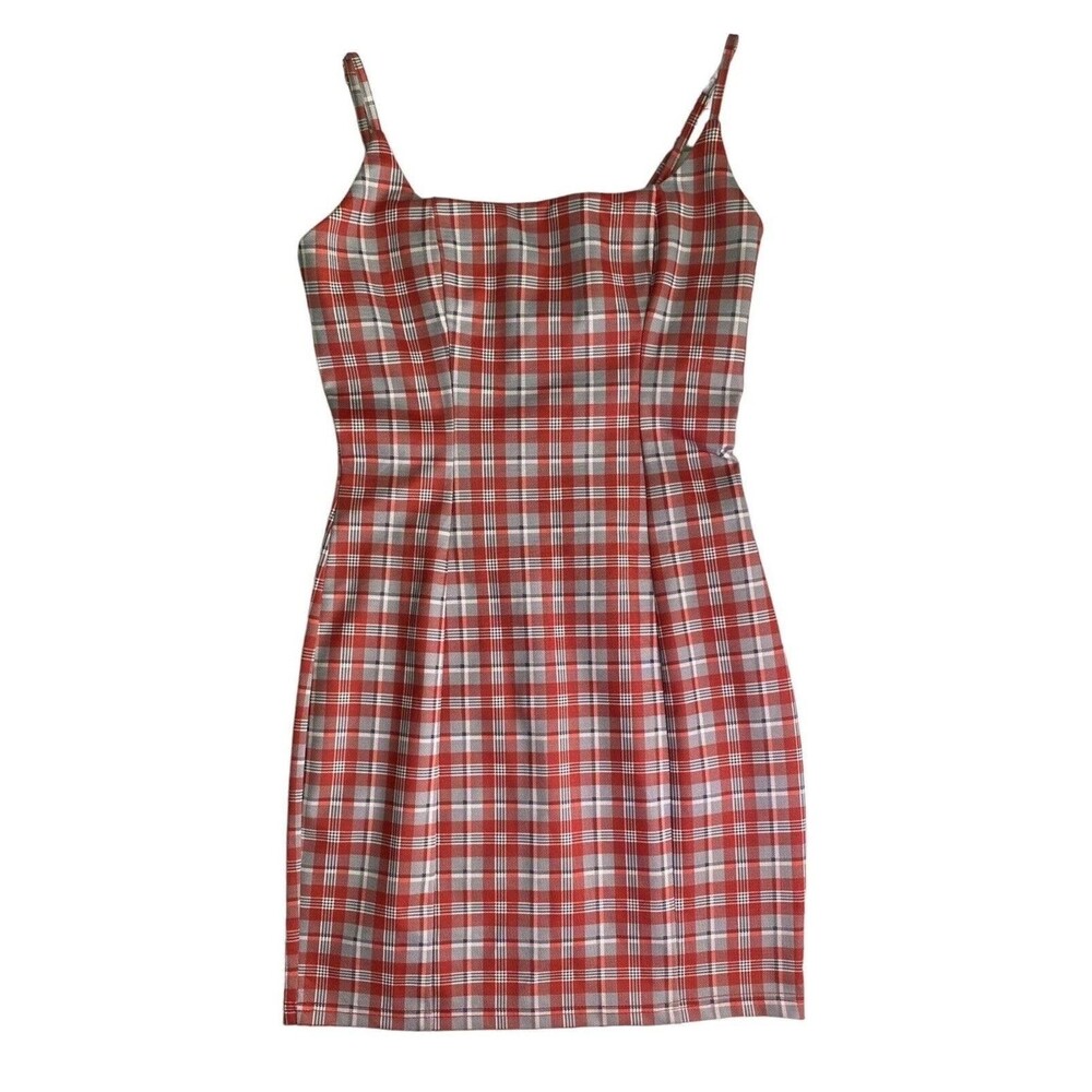 Papaya Plaid Cami Mini Dress Medium M Orange Blue Y2K Slip Sundress Summer 90s